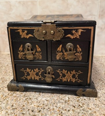 Antique/Vintage Black Gold Chinese Dragon Phoenix Mirrored Jewelry Box