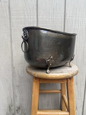 Vintage Brass Cylindrical Planter Jardinière with Lion Head Ring Handles