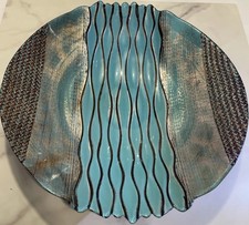 Akcam Turkish Art Glass Unique Modern Turquoise  Gold Dish Platter Plate NWT 45R
