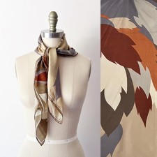 Vintage Abstract Leaf Print Square Silk Scarf Tan Rust Grey Earth Tones 28x29