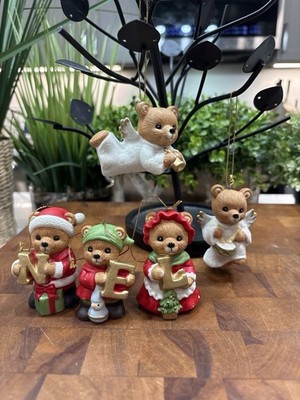 Homco Bear Christmas Ornaments Lot 5pc NOEL N E L Missing O + 2 Angels EUC