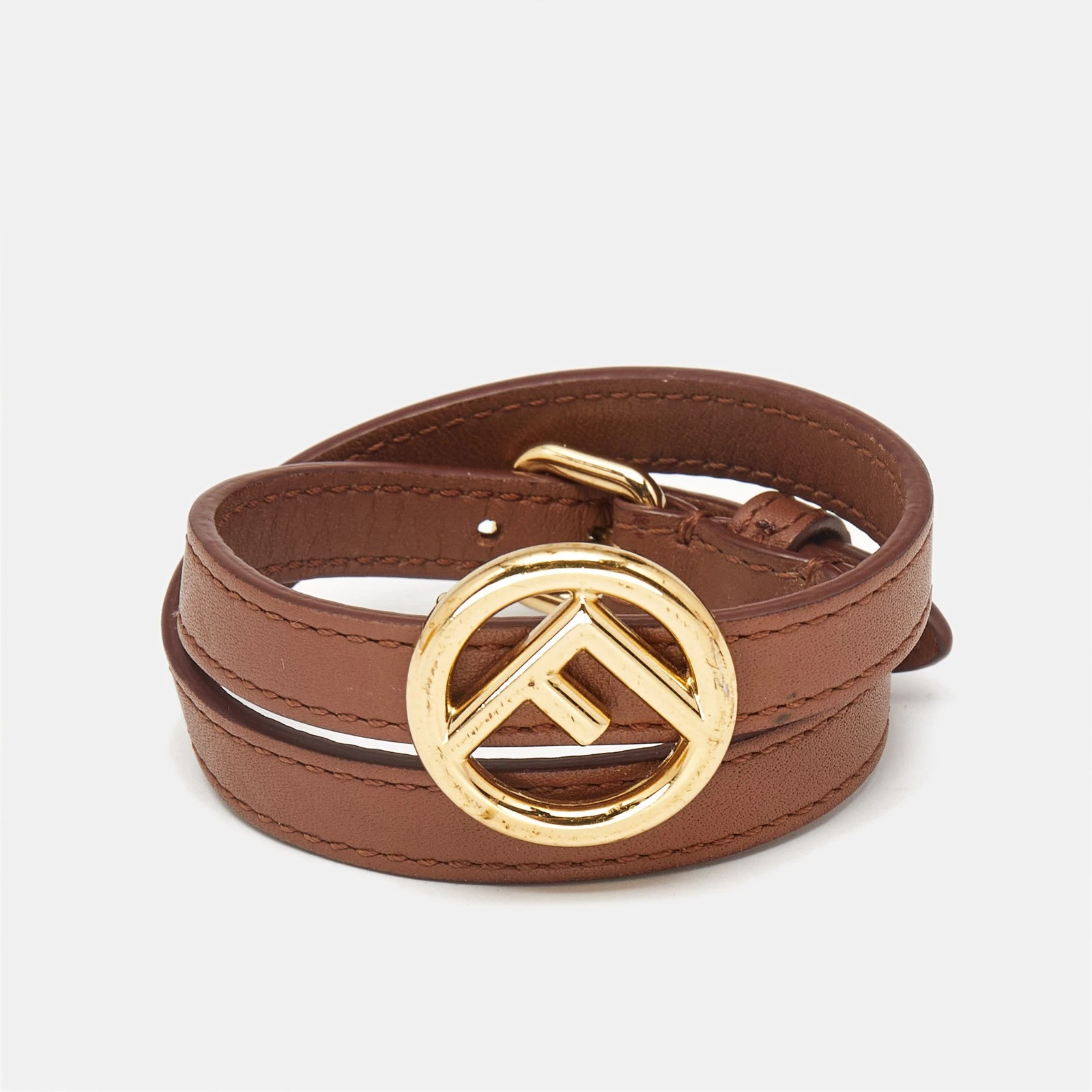 Bracciale Fendi F Is Fendi in pelle marrone tono oro doppio avvolgimento S
