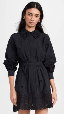 Ulla Johnson Gemma Noir Black Collared Preppy Eyelet Mini Dress Size 0 NWT $490