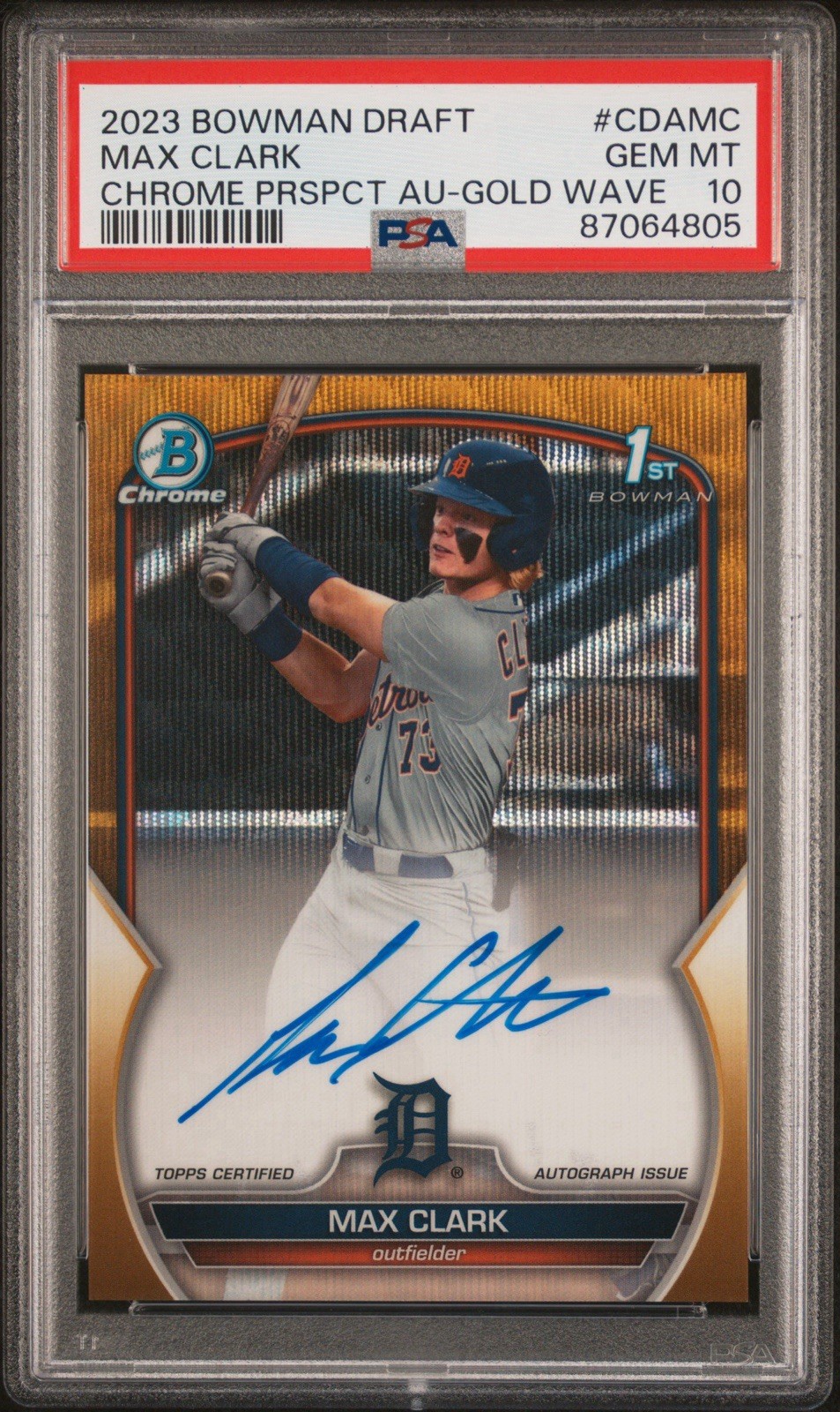 2023 Bowman Draft Max Clark 1st Chrome Gold Wave Refractor Auto /50 PSA 10