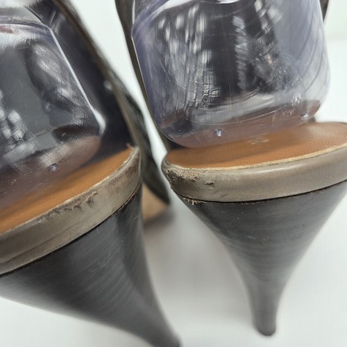 Halogen Brown Leather Perforated Caged Heels Open Toe Sandals Edgy Slingback Zip - Picture 6 of 10