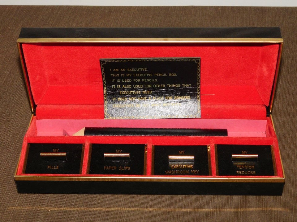 A genuine vintage 'Executive Pencil Box' gag — the kind of deadpan office humor artifact that belongs on a mid-century desk or in a humor collector's cabinet.
