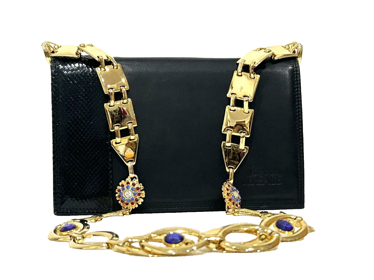 AUTHENTIC VERSACE Gold Jeweled Chain Black Leather Shoulder Clutch
