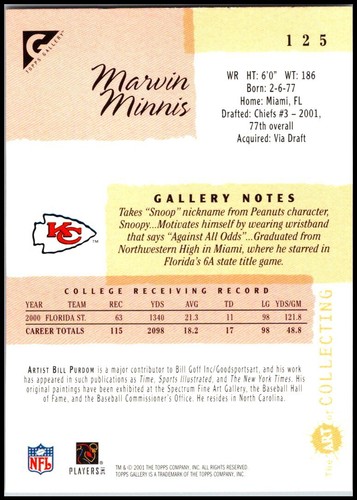 Marvin Minnis 2001 Topps Gallery #125 - novato radiocontrol ¡envío gratuito! - Imagen 2 de 2