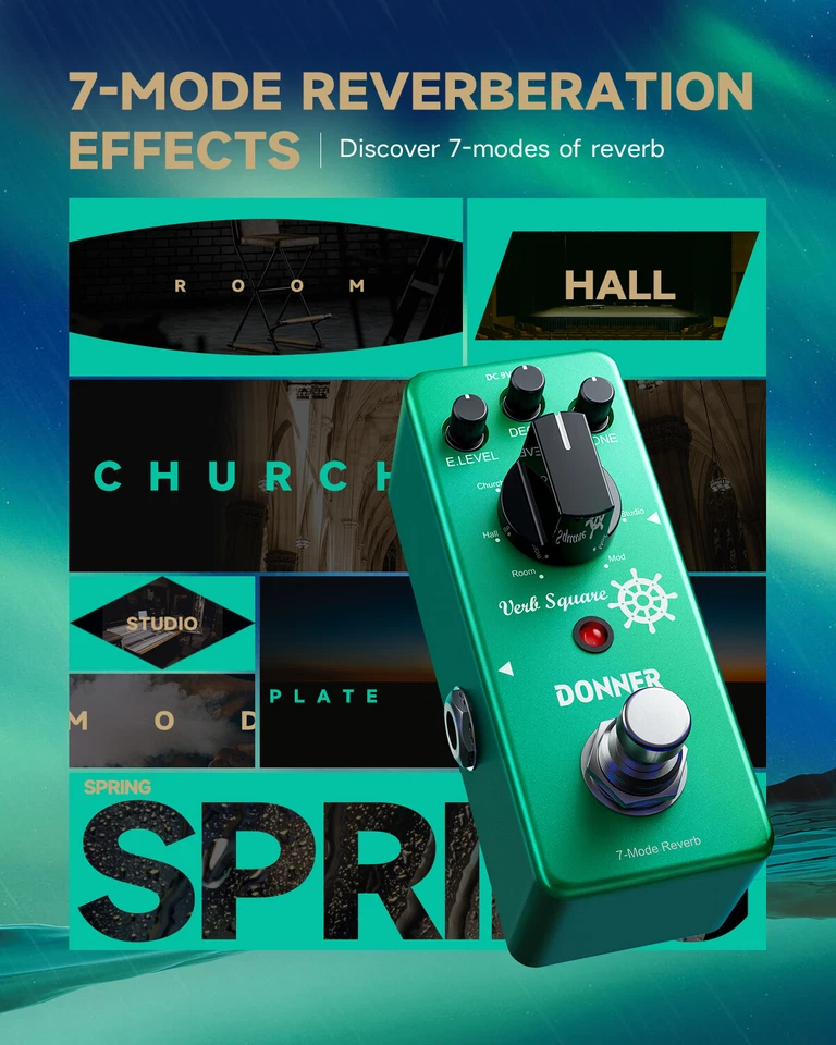 🎸Donner Verb Square Digital Reverb Pedal 7 Modes Room Hall Church Spring Studio - Image 2 of 4