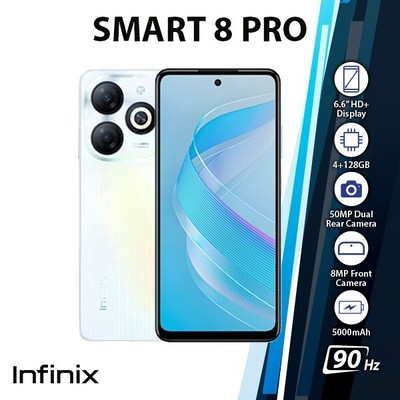 Infinix Smart 8 Pro Android Cell Phone (White, 4GB+128GB, Dual SIM, Global)