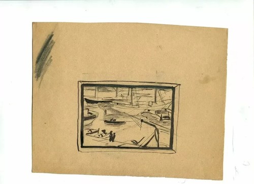 Vintage Ink Drawing Original Maritime Port Landscape, Sailor, Boats, Sea - Picture 8 of 8