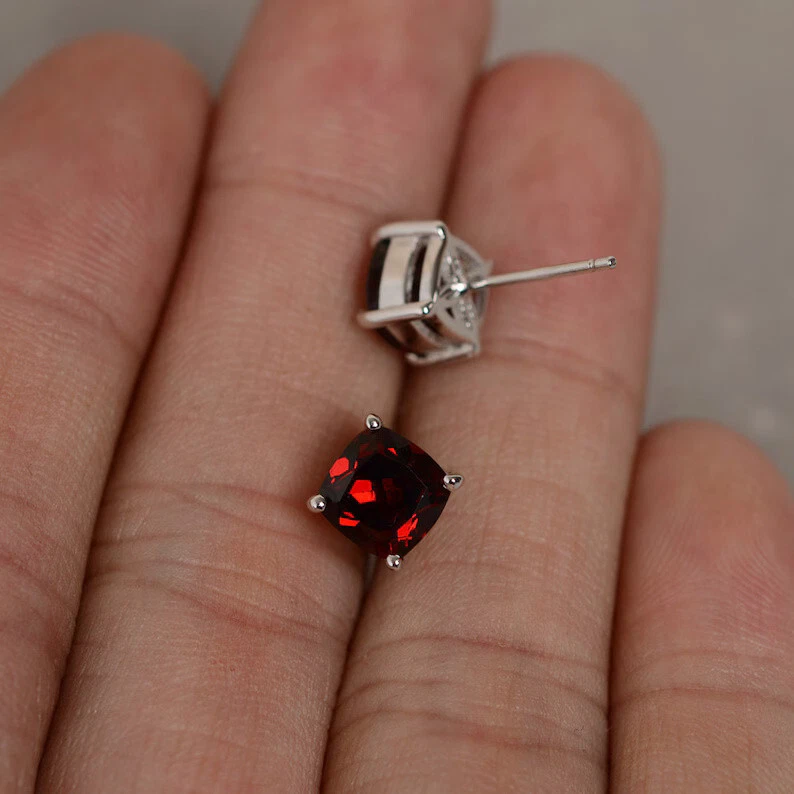 Natural Garnet Cushion Stone 925 Sterling Silver Women Designer Stud Earrings - Image 2 of 4