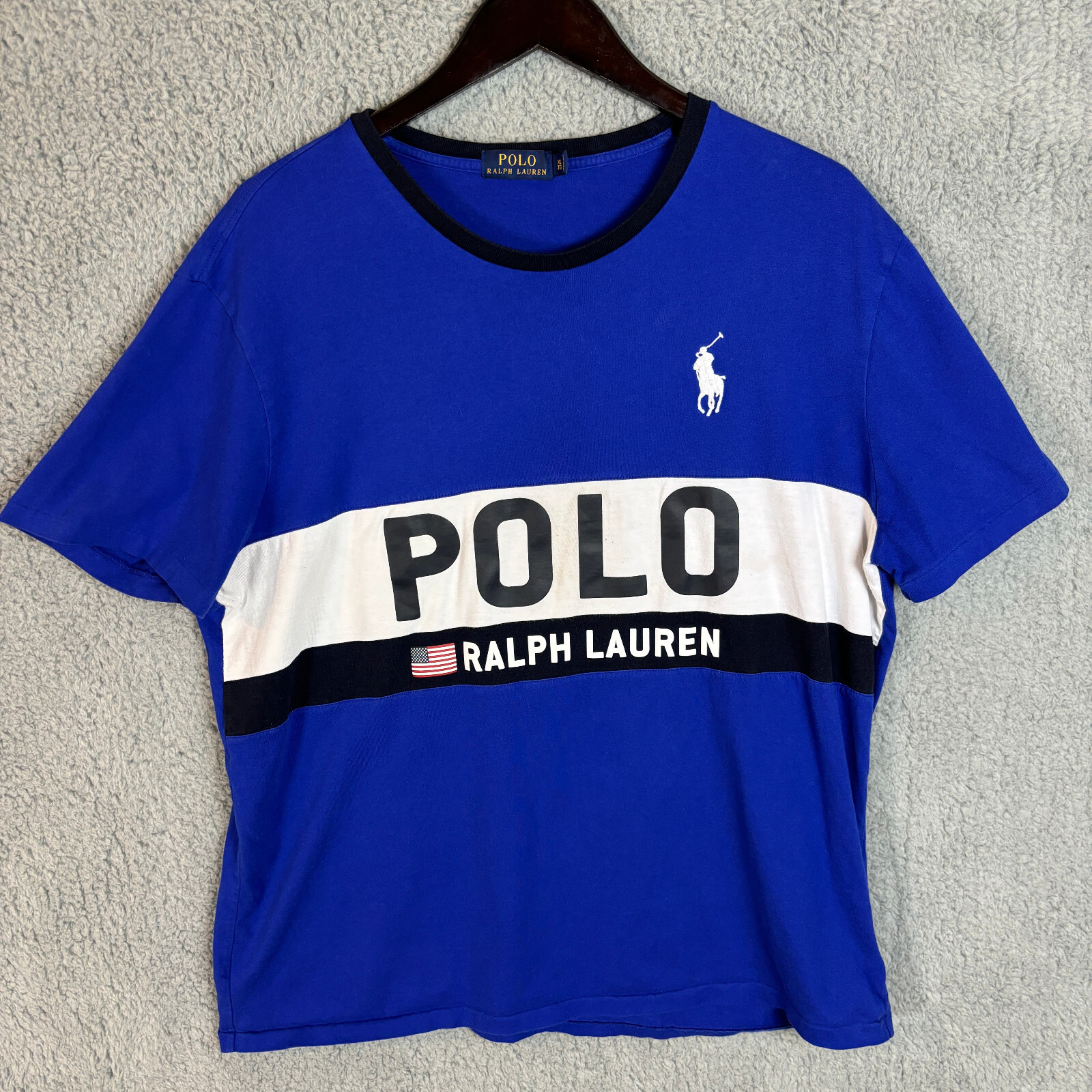 Polo Ralph Lauren Camicia Uomo XL Blu Bianco Spell Out Grande Logo Bianco Pony Rugby