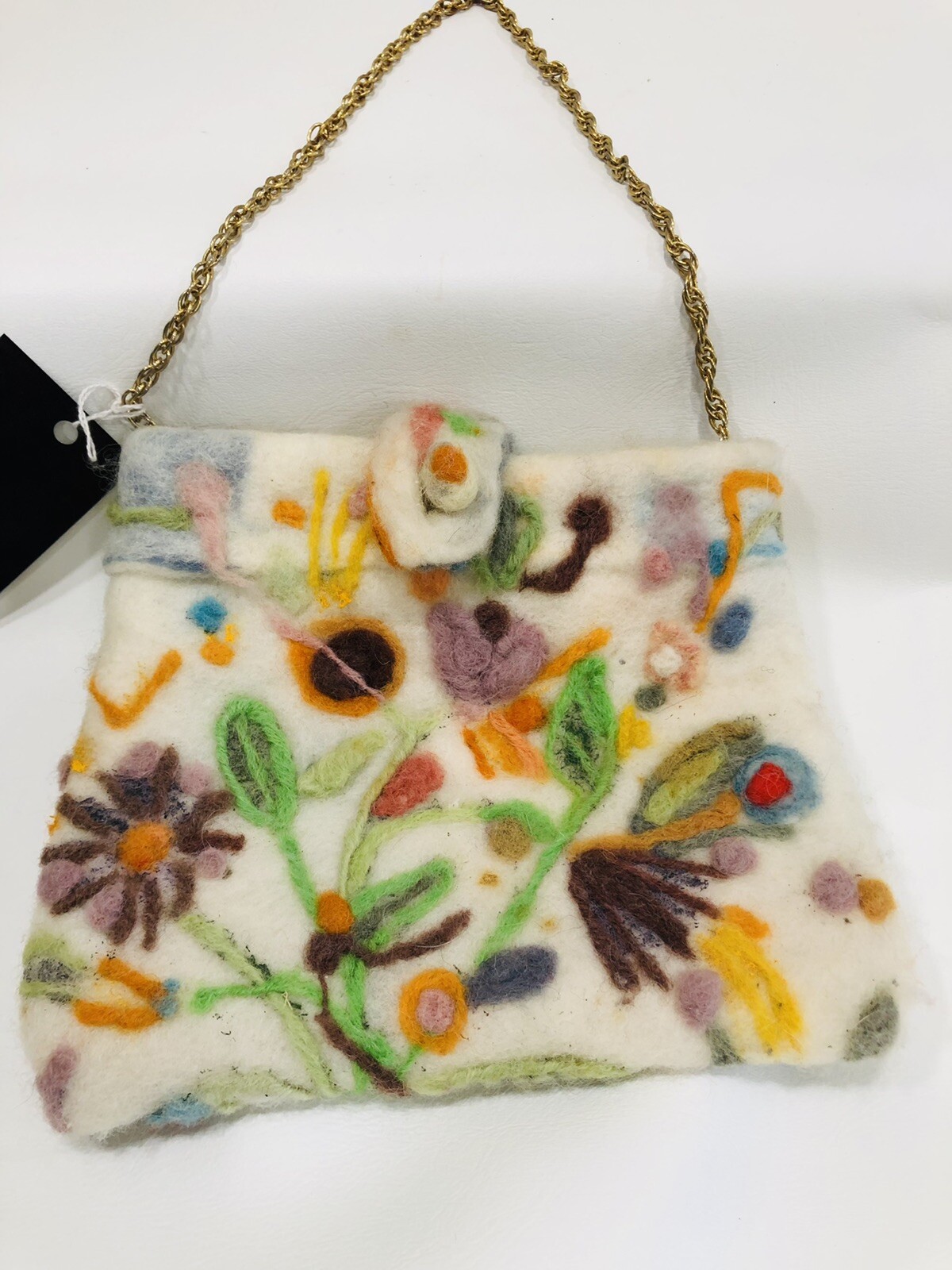 Hand Made Vintage Boho Natural White Wool Needle Felted Purse Art