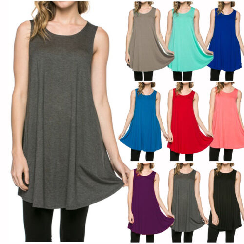 USA Women Long Tunic Casual Dress Tank Top Sleeveless Scoop Neck Shirt SML Plus - Picture 1 of 53