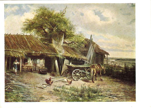 A. Popov 1965 Russian postcard  VILLAGE YARD Woman Chickens Horse - Picture 1 of 2