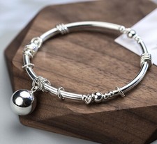 Real 925 Sterling Silver Bangle Women Lucky Glossy Ball Circle Bracelet