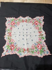 Beautiful VTG Print Red Blue Flowers Handkerchief Scallop Edge Silk White