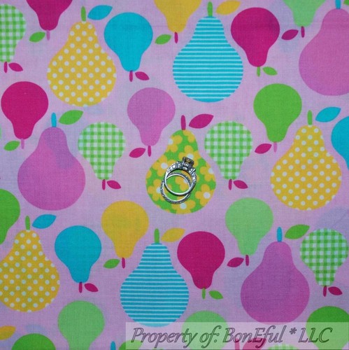 BonEful FABRIC FQ Cotton Quilt VTG Pink Green Yellow Pear Fruit Small Flower Dot - Picture 11 of 13