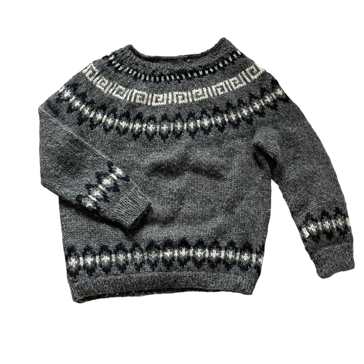 Pullover Boat Neck Wool Knit Sweater Women's Gray Fair Isle Warm