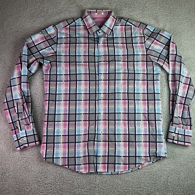 Bugatchi Uomo Shirt Mens L Pink Blue Plaid Shaped Fit Button Up Long Sleeve
