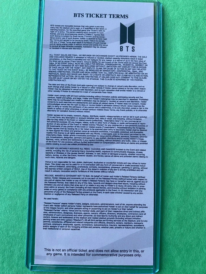 2021 BTS Bangtan Boys Commemorative Ticket Stub for SOFI Stadium 12/1 concert - Image 2 of 3