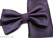 Eggplant Purple Men's Butterfly Style Pre-tied Bowtie  Pocket Square Hanky 100P
