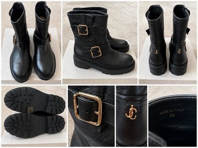 Jimmy Choo Youth II Black Leather Ankle Biker Boot Buckle Round Toe US 7