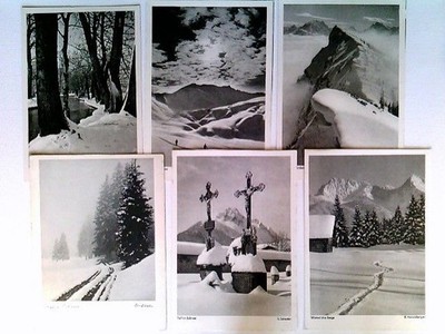 Winter in den Bergen, Schnee, Fotokunst, 6 Foto AK, ungelaufen, 1952, 1x Rücksei