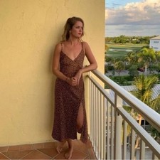 Urban Outfitters | Satin Polka Dot Midi Slit V Neck Dress in Brown, Size Small