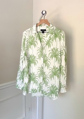 TALBOTS Linen Palm Tree Button Down Shirt Green White Tropical Women s XL