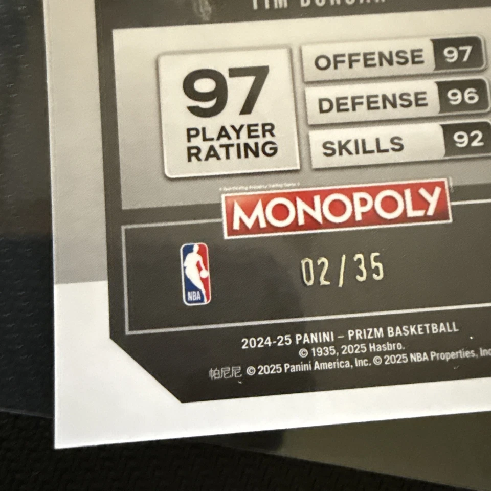 Tarjeta de Tim Duncan 2024-25 PANINI PRIZM MONOPOLY VERDE PRIZM/35 Foto 2 de 3