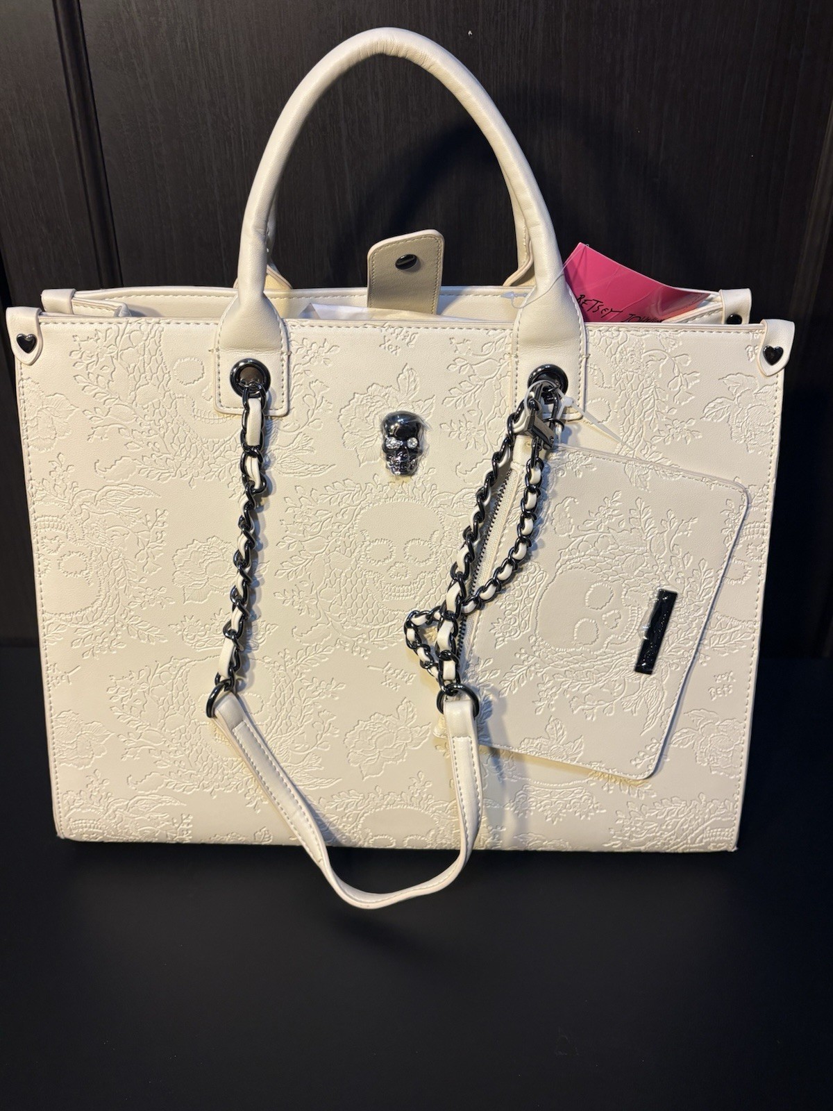 Betsey Johnson White Skull Tote handbag with wristlet