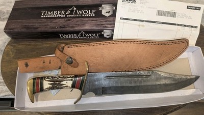 TIMBER WOLF CUSTOM STAG DAMASCUS BOWIE W429