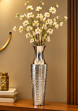 Handmade Silver Metal Flower Vase, Tall Decorative Vase, Vintage Textured Floral