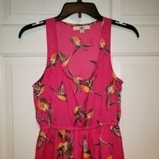 Women's S Pink Sleeveless Sundress Knee Length Pink Birds  Front Slit by Yala