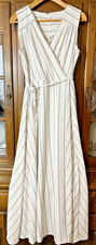 Calvin Klein Faux Wrap Dress Sz 8 White Gray Striped Neutral Capsule Classy