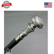 Vintage Antique Walking Cane Wooden Walking Stick Silver Brass Handle Knob Gift