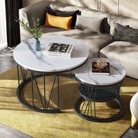 2Er Set - Beistelltisch Marmor Optik Wohnzimmertisch Couchtisch Rund Satztisch