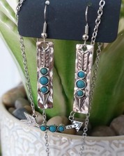 Turquoise Arrow Dangle Earrings Necklace Set Silver Tone Boho Southwestern Style
