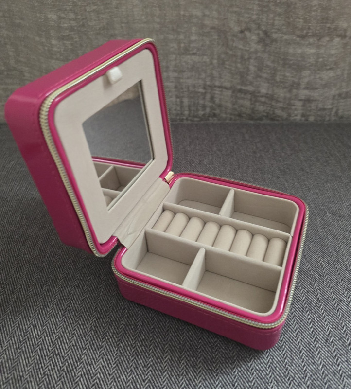 Pink Faux Leather Zip-Around Travel Jewelry Case w/ Mirror, 8 Ring Organizer