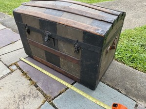 Antique Wood Slat Steamer Trunk Dome Top Travel Treasure Chest 1900's Decor