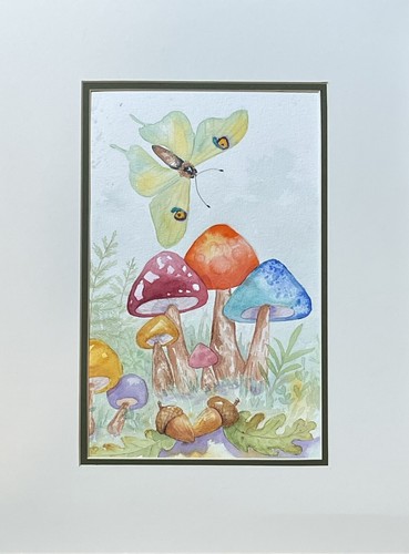 Mushrooms And Green Moth Original Watercolor Painting - Picture 3 of 4
