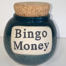 Tumbleweed Pottery North Carolina Blue Bingo Money Jar Bank with Cork Lid