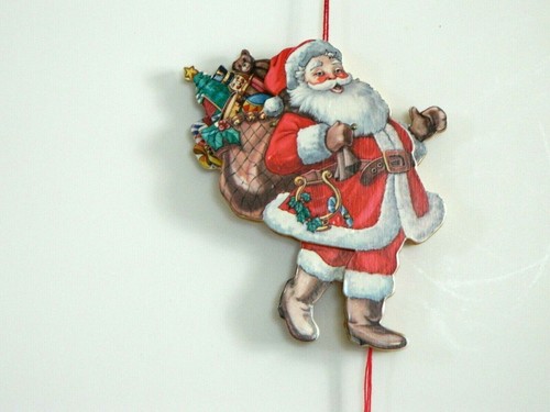 WEIHNACHTSMANN 2-SEITIGES ZUGSCHNURWERK BUNTES HOLZORNAMENT, CA. 5 1/2" lang, - Bild 1 von 6