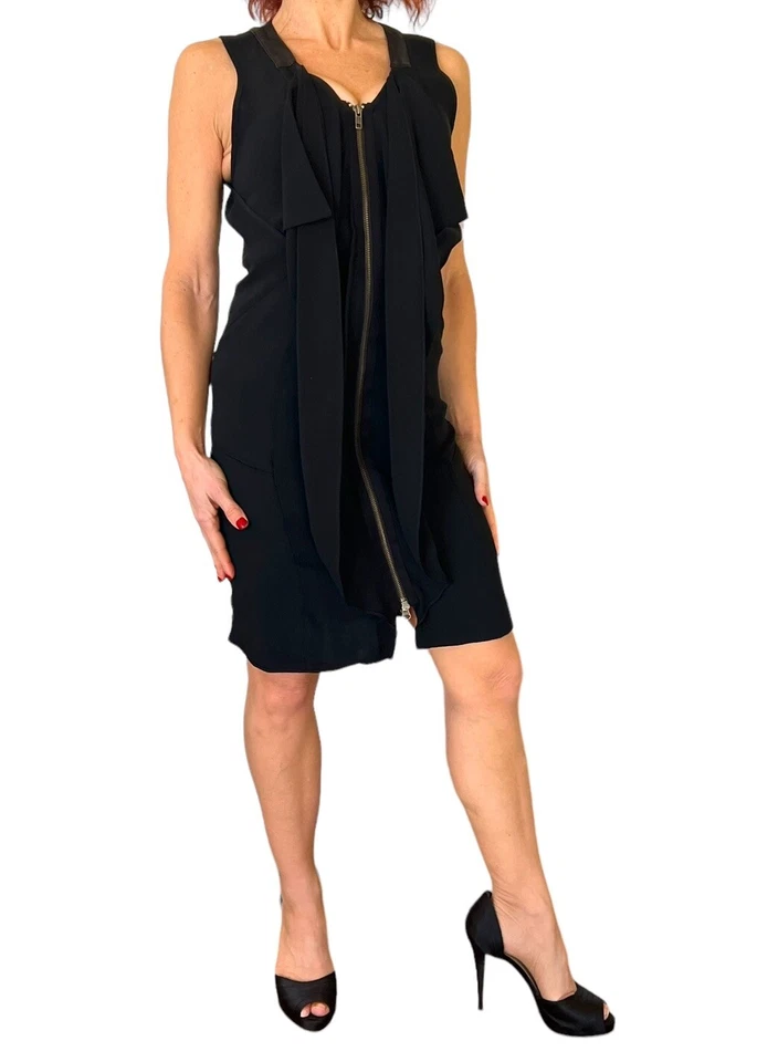 VESTIDO NEGRO MUJER SIN TÍTULO SIN MANGAS CON VOLANTES CREMALLERA FRONTAL RIBETE DE CUERO S Foto 4 de 4