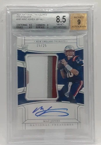 2021 Panini National Treasures MAC JONES Rookie Patch Auto Holo #d /25 BGS 8.5/9