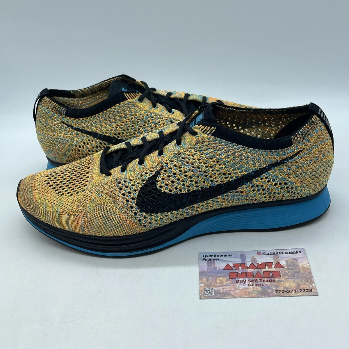 Size 11 - Nike Flyknit Racer Sherbet Yellow Blue Black (526628-800
