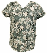 Serene Uniform Women's Medical Scrub Printed Tops Gray Paisley Hearts Pewter L