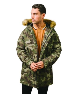 Lambretta Mens Green Camo Retro Fishtail Parka Fur Hooded Coat Jacket  (S-4XL) UK